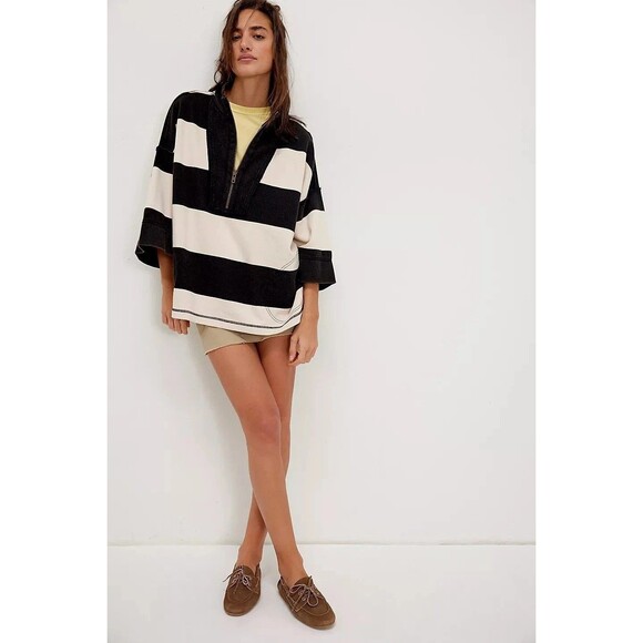 Free People We The Free Seaside Funnel Pullover Top Oversized Striped L 283935